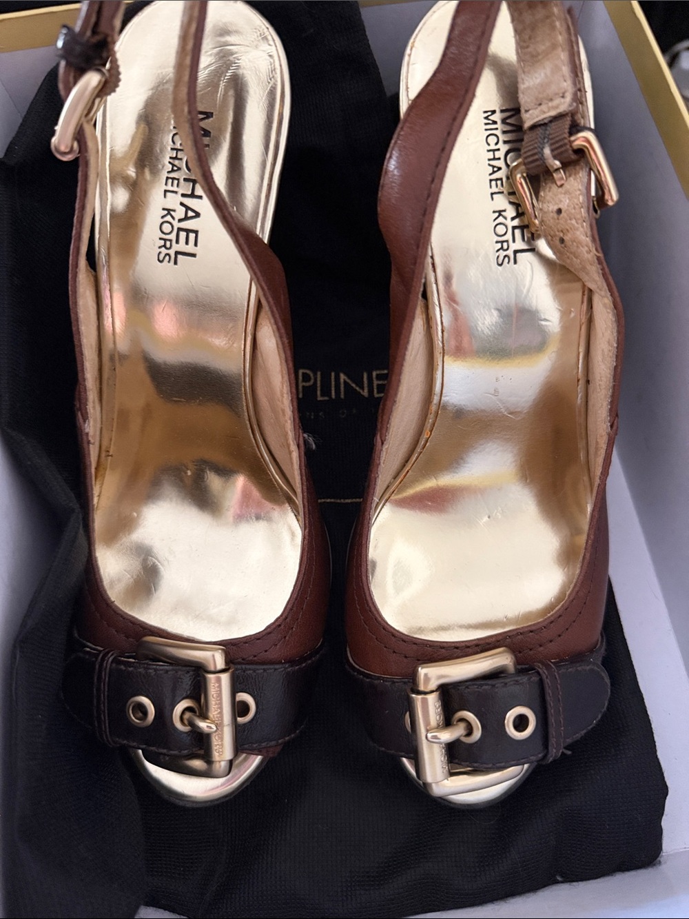 Michael Kors Brown and Gold Leather Slingback Heels with Buckle Detail